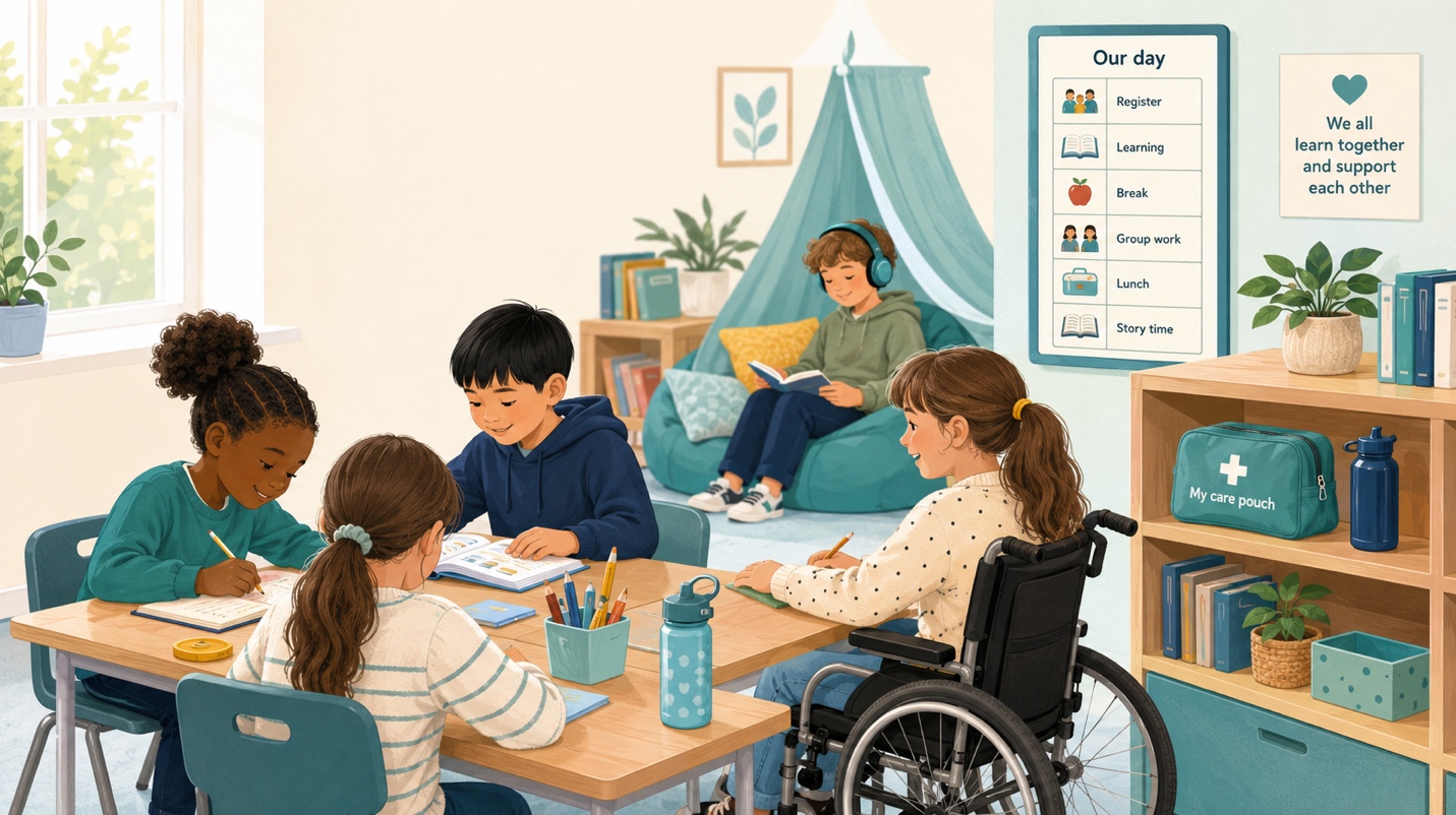 A parent, young person and professional reviewing healthcare support, school attendance and EHCP provision together.